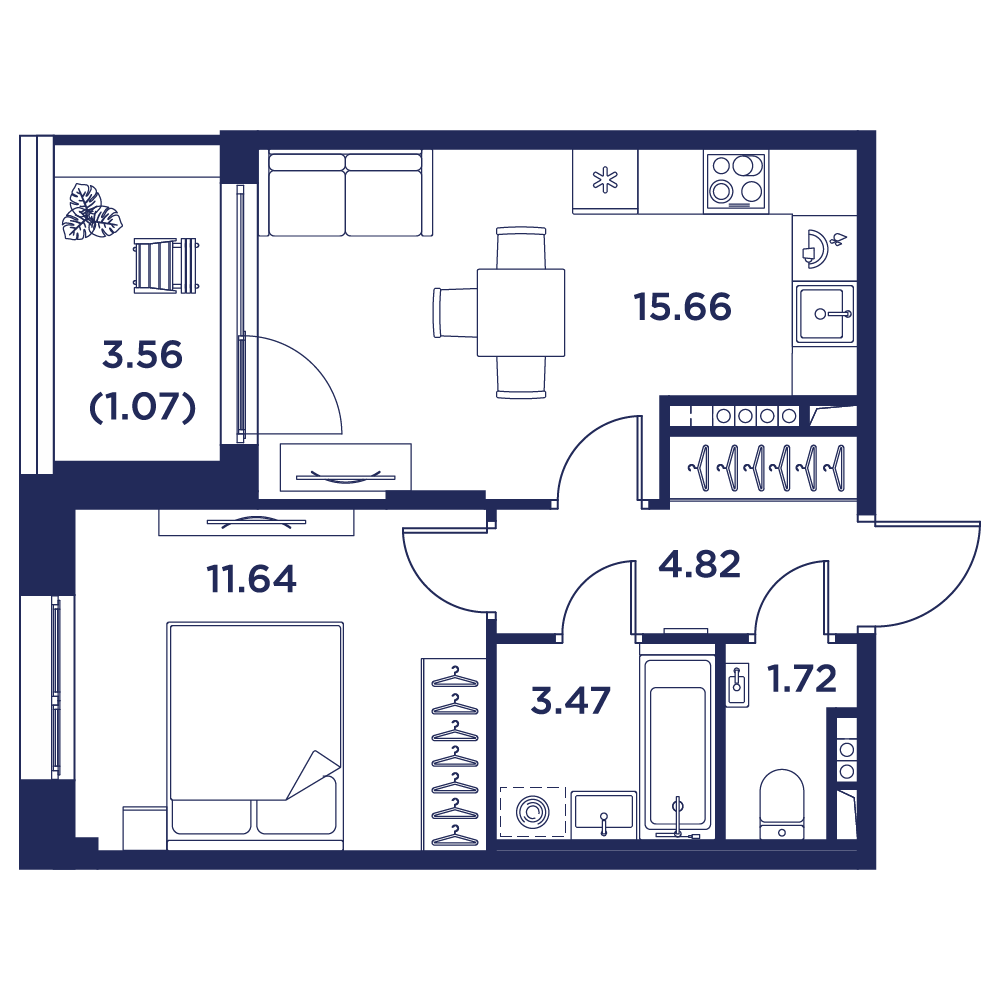 1-комнатная квартира, 38.38 кв.м, Кронфорт, изображение-2